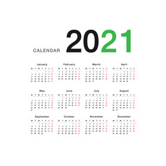 Calendar year 2021 vector design template, simple and clean design. Calendar for 2021 on White Background