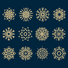 Snowflakes icon collection. Graphic modern blue and gold ornament