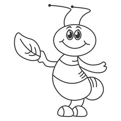 A cheerful beetle in a cartoon style holding a leaf of a tree.