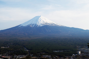 Close up top of beautiful Fuji mountain with snow cover on the top with could, Japan
