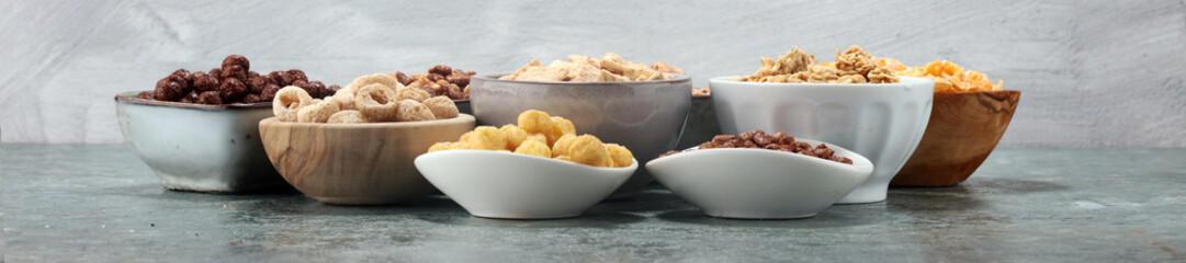 Cereal. Bowls of various cereals for breakfast. Muesli with kids cereals.