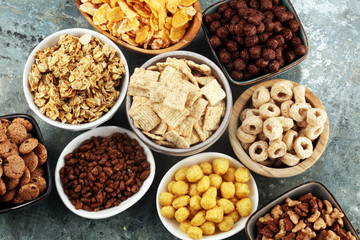 Cereal. Bowls of various cereals for breakfast. Muesli with kids cereals.