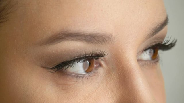 Girl's face with long false lashes opens her brown eyes and looks at camera. Closeup beautiful female model with fashionable makeup