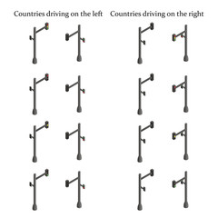 Isometric traffic lights set. Traffic lights set for both left and right side driving countries. Vector.