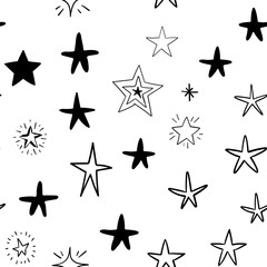 Hand drawn stars set. Star doodles seamless pattern texture.