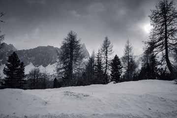 dramatic black and white foggy snowcapped peaks mountain range in dolomites in wintertime, giau pass, italy