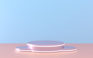 Round podium, pedestal or platform, illuminated by led spotlights. illustration. Bright lightpodium. Advertising place. Blank product stand and with light. Empty showcase. 3d Rendering.