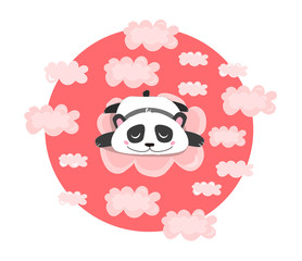 Vector illustration with sleeping or dreaming panda in pink clouds. Baby, children, kawaii print.