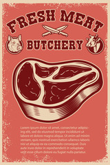 Fresh meat. Poster template with meat cut on grunge background. Vector illustration