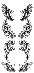 Set of eagle wings in tattoo style. Design element for logo, label, sign, poster, card, t shirt. Vector illustration