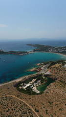 Aerial view of iconic emerald sandy celebrity beach of Asteras or Astir, Vouliagmeni, Athens...