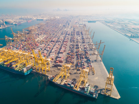 Aerial view of cargo port full of containers, Dubai, UAE