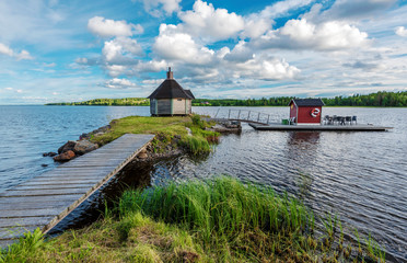 Kakuasen village sauna bilt in the islet in Gaxsjon lake in Northern Sweden.