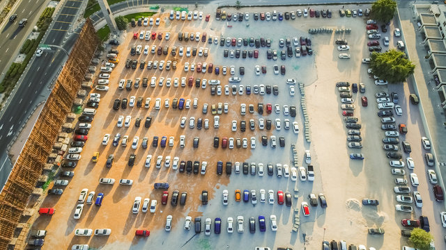 Aerial view of a crowded parking in Dubai, United Arab Emirates.