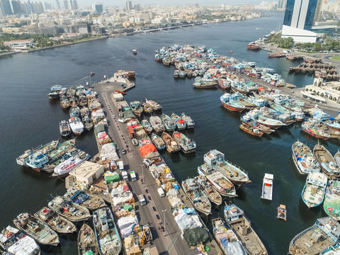 Aerial view of The Dubai Dhow Wharfage area in United Arab Emirates.