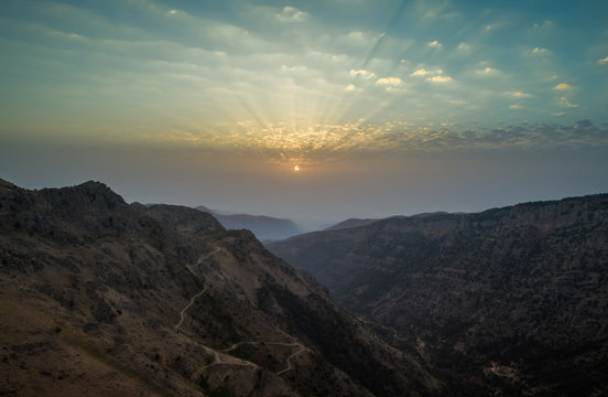 Aerial view of sunset in the rocky mountains, Lebanon.