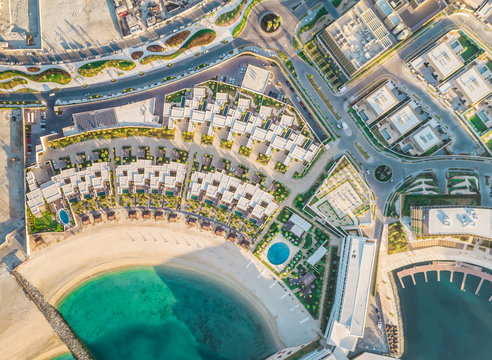 Aerial view of new buildings on Daria island in Dubai