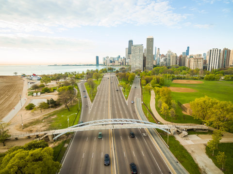 Aerial view of multi lane road leading towards Chicago downtown