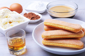 ingredient for homemade tiramisu cake in close up.
