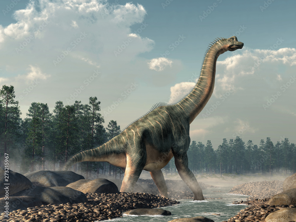 Aufkleber Brachiosaurus was a sauropod dinosaur, one of the largest and most popular. It lived in during the Late Jurassic Period. Standing in a rocky stream. 3D Rendering