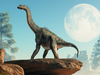 Brachiosaurus was a sauropod dinosaur, one of the largest and most popular. It lived in during the Late Jurassic Period. Standing under a full moon. 3D Rendering