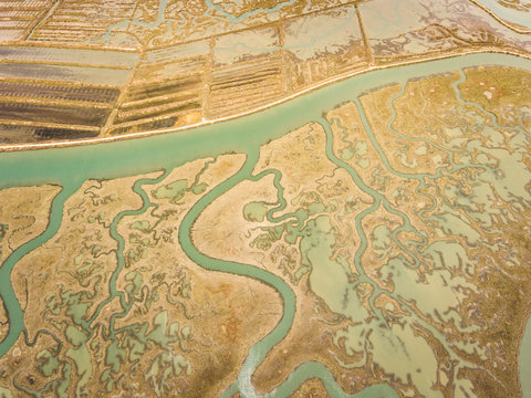 Aerial view of wetlands in Andalusia, Spain