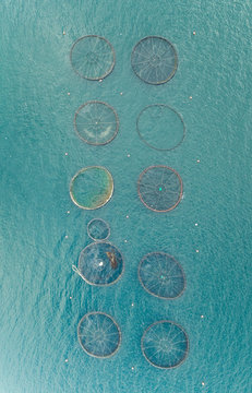 Aerial view of fish farm pools in the beautiful Mediterranean sea, Greece