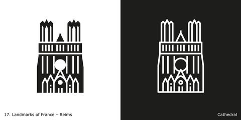 Reims Cathedral. Outline and glyph style icons of the famous landmark from France. - obrazy, fototapety, plakaty