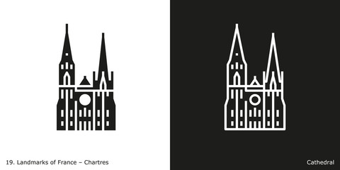 Chartres Cathedral. Outline and glyph style icons of the famous landmark from France.