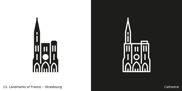 Strasbourg Cathedral. Outline and glyph style icons of the famous landmark from France.