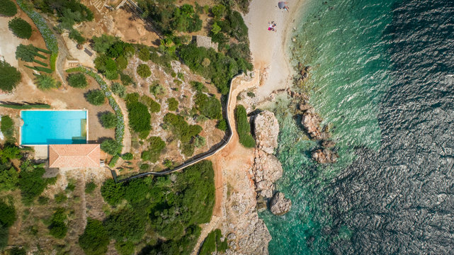 ITHACA ISLAND, GREECE - 7 August 2017 : Aerial view of a resort on island Ithaca.