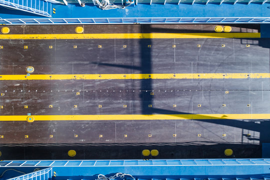 Aerial view of a car ferry interior.