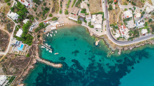 Aerial view of small harbour of village Vari in Greece