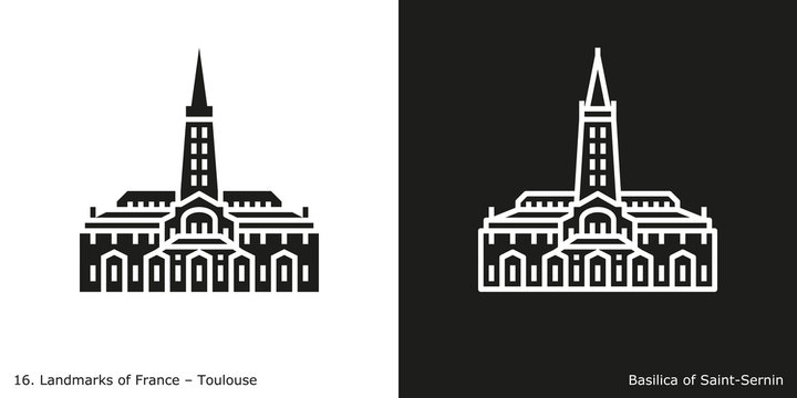 Toulouse -  Basilica of Saint-Sernin. Outline and glyph style icons of the famous landmark from France.