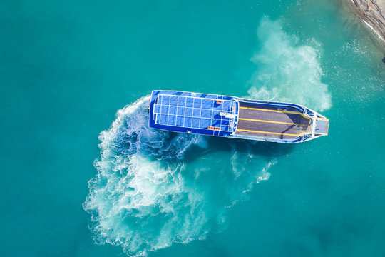 Aerial view of a car ferry in Gulf of Corinth, Greece.