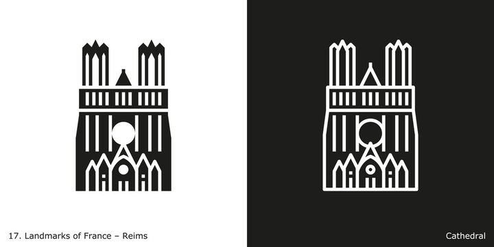 Reims Cathedral. Outline and glyph style icons of the famous landmark from France.