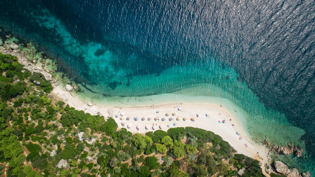 Aerial view of a beach on Agios Ioannis, Greece.