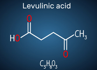 Levulinic acid molecule, is a crystalline keto acid prepared from levulose, inulin, starch. Structural chemical formula on the dark blue background