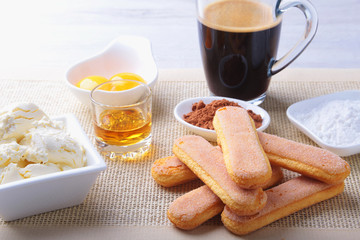 ingredient for homemade tiramisu cake in close up.