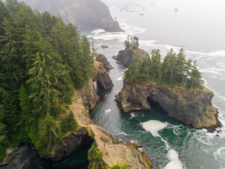 Aerial view of coastal rock formation with an dense pine tree forest, U.S.A.