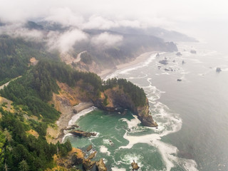 Aerial view of coastal rock formation with an dense pine tree forest, U.S.A.