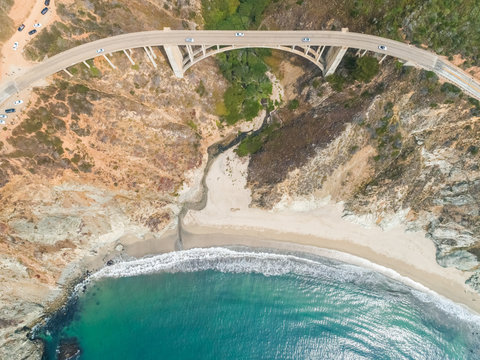 Aerial view above of Bixby Creek Bridge, California, U.S.A.