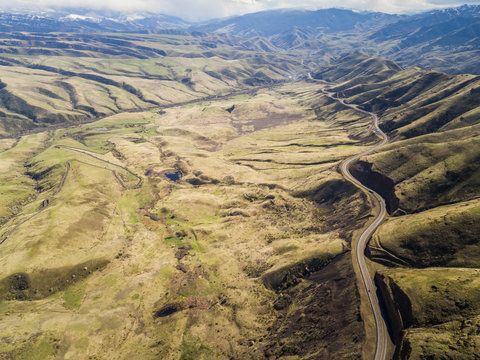 Aerial view of the Old HWY 95 road in White Bird Idaho, USA.