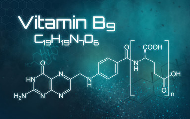 Chemical formula of Vitamin B9 on a futuristic background