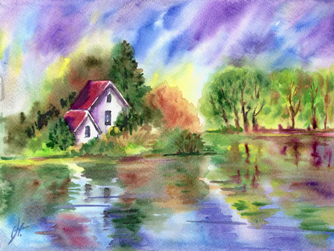 Landscape with a house, river and trees in an abstract expressive manner, watercolor painting.
