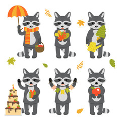 Set of cute raccoon characters isolated on white background. Collection of autumn characters. Vector illustration in cartoon style.