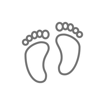 Baby feet, human footprints line icon.