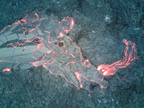 Aerial view of lava of active basaltic shield volcano Erta Ale