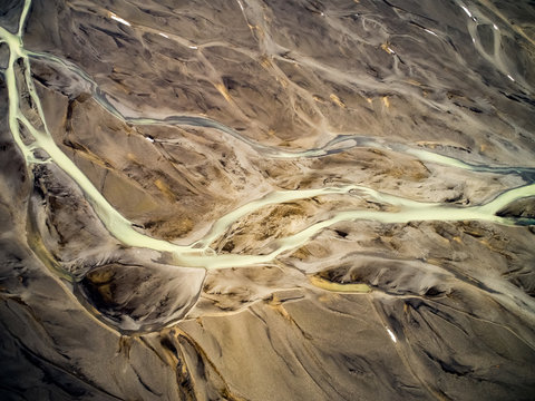 Aerial view of unreal glacial river in Iceland