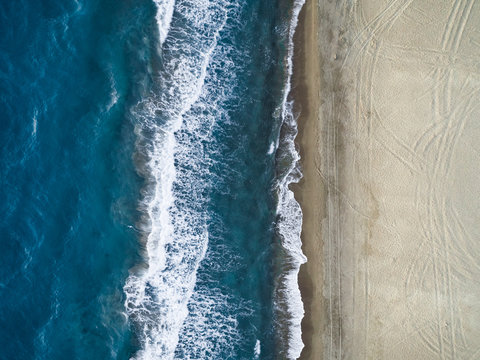 Aerial photography of the Kalogria beach with print in the sand, Greece.